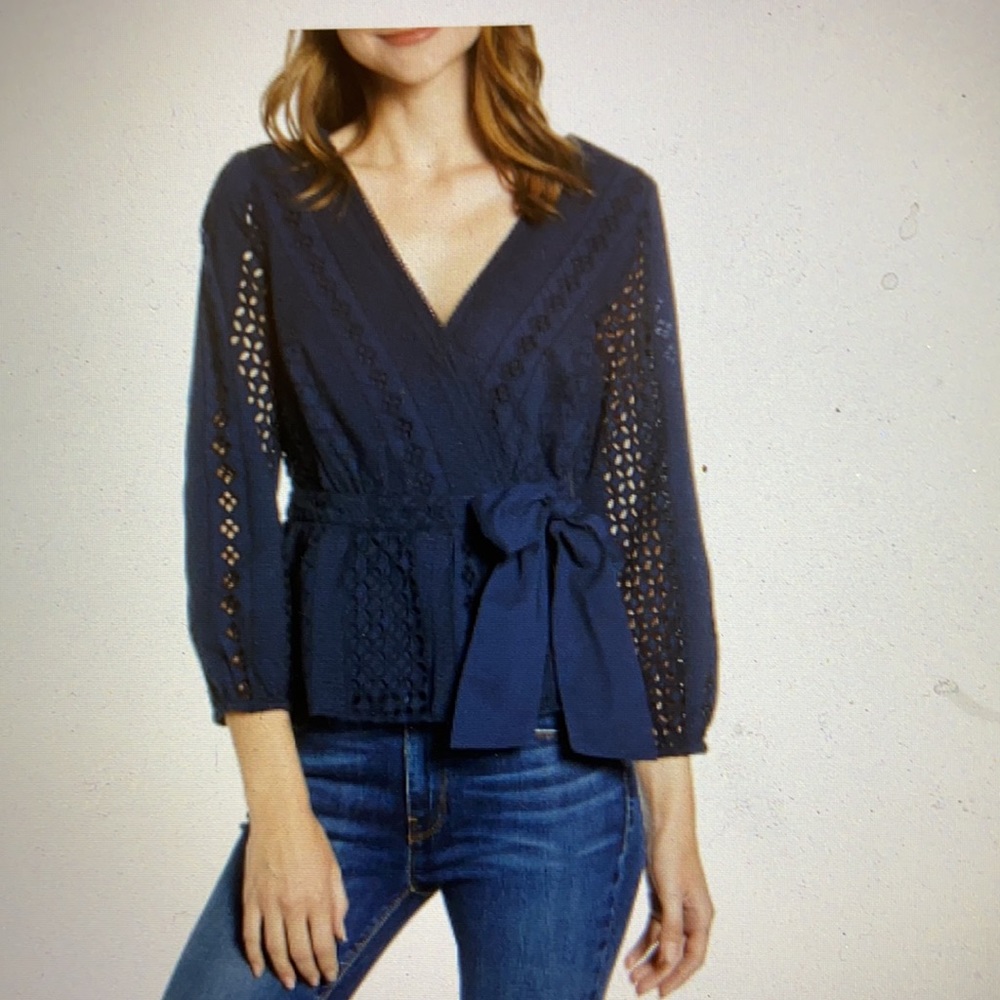 NWT J Crew navy eyelet faux wrap long sleeve top size 4